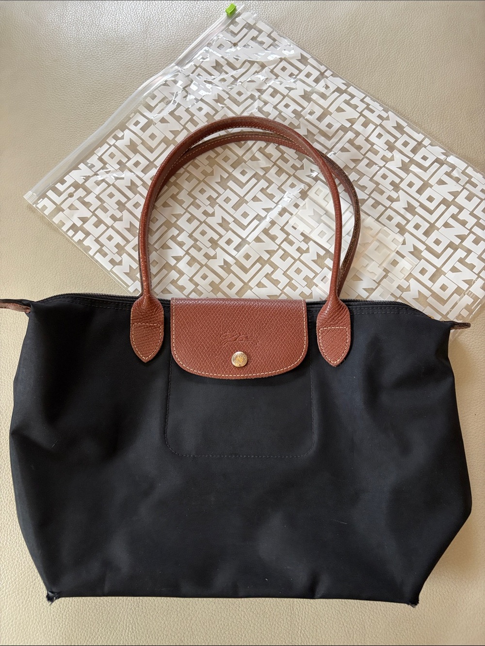 Longchamp Le Pliage Medium Black Tote Bag with Brown Leather Trim